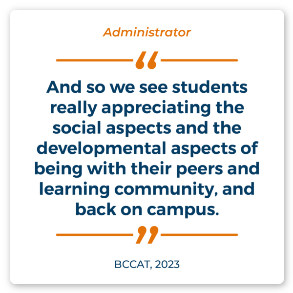 Administrator Quote: "And so we see students really appreciating the social aspects and the developmental aspects of being with their peers and learning community, and back on campus." Source: BCCAT, 2023.