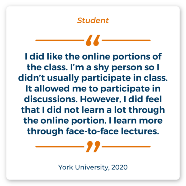 Student Quote: "I did like the online portions of the class. I’m a shy person so I didn’t usually participate in class. It allowed me to participate in discussions. However, I did feel that I did not learn a lot through the online portion. I learn more through face-to-face lectures." Source: York University, 2020.