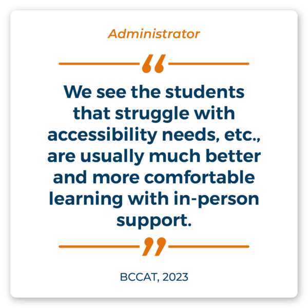 Administrator Quote: "We see the students that struggle with accessibility needs, etc., are usually much better and more comfortable learning with in-person support." Source: BCCAT, 2023